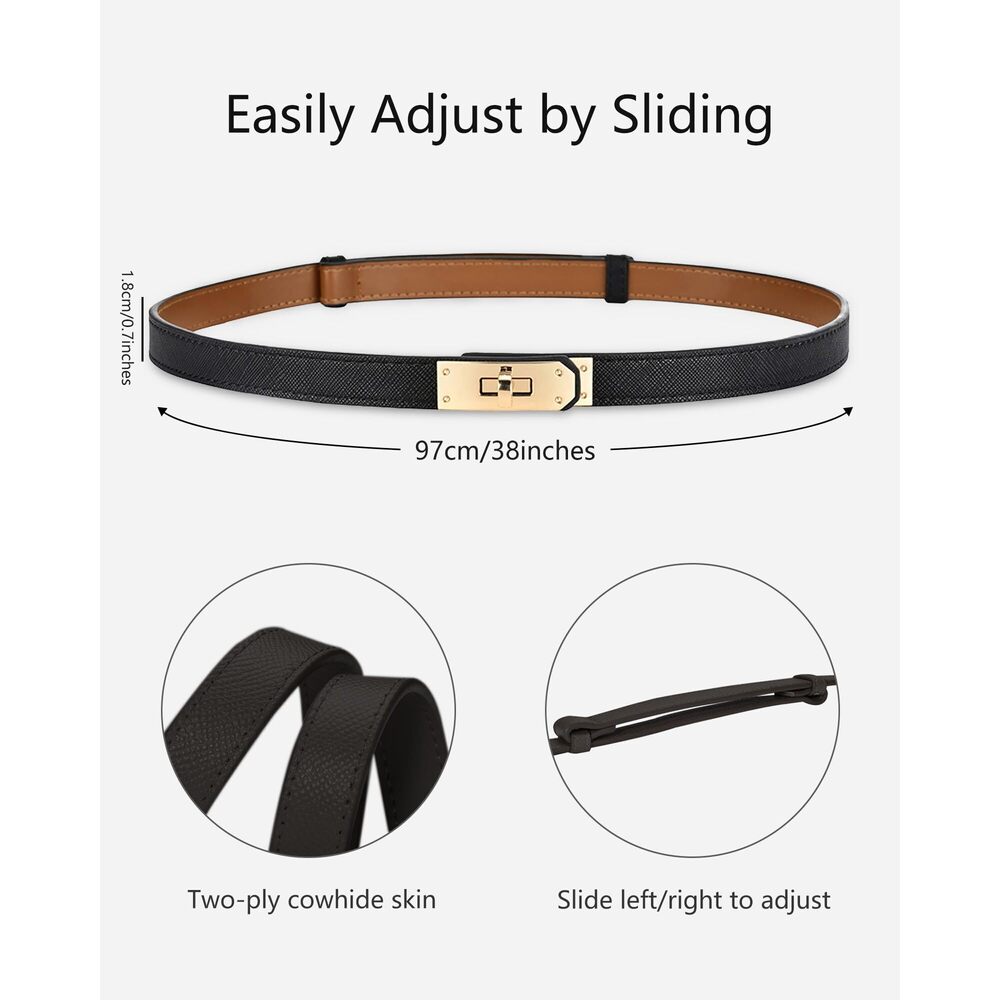 6842 Women's Skinny Leather Belt With Adjustable Silver Turn-lock Buckle - Picture 3 of 6